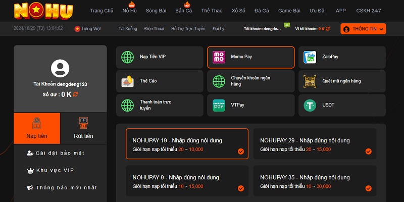 Hướng dẫn tân thủ nạp tiền trực tuyến tại Nohu90